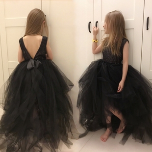 女童气质黑色亮片晚礼服儿童生日公主裙t台模特走秀钢琴演出服装