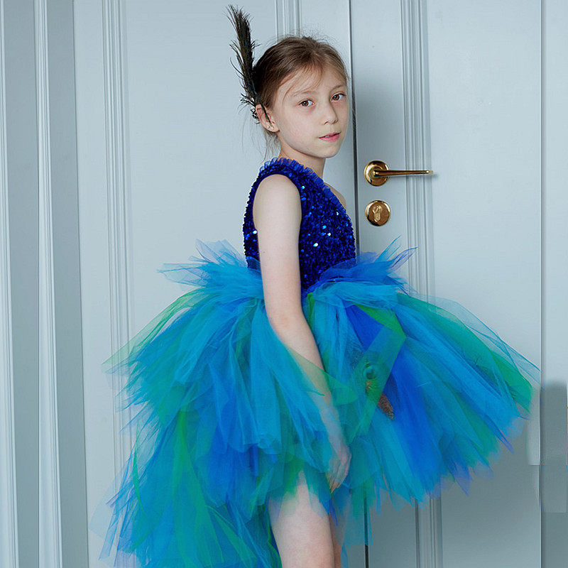 儿童宝蓝色孔雀晚礼服女童欧美斜肩宝宝高端女宝燕尾服装小女孩裙
