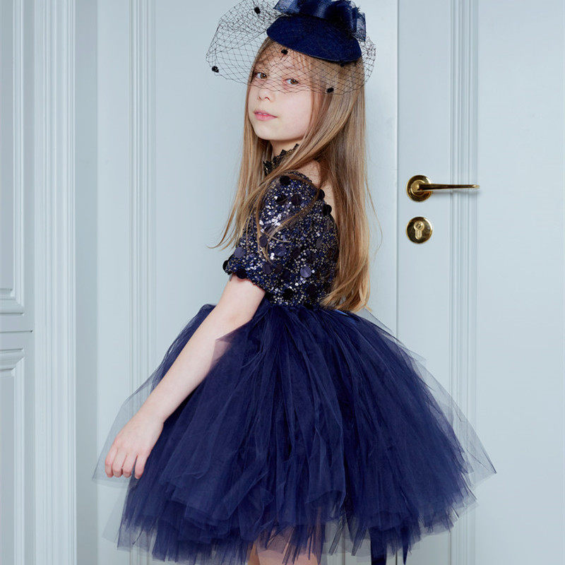 儿童藏青色气质礼服女童生日亮片演出服小女孩高端女宝宝欧美服装
