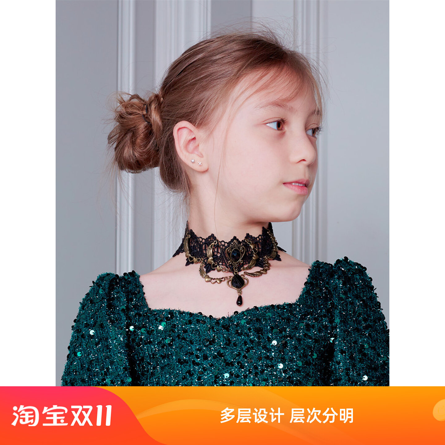 儿童颈饰女童朋克项链婚纱礼服搭配超配饰黑色蕾丝项链水晶锁骨链