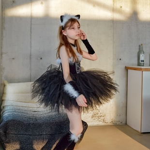 仙童堡儿童猫咪礼服女童万圣节迪士尼游园套装六一小黑猫演出服装