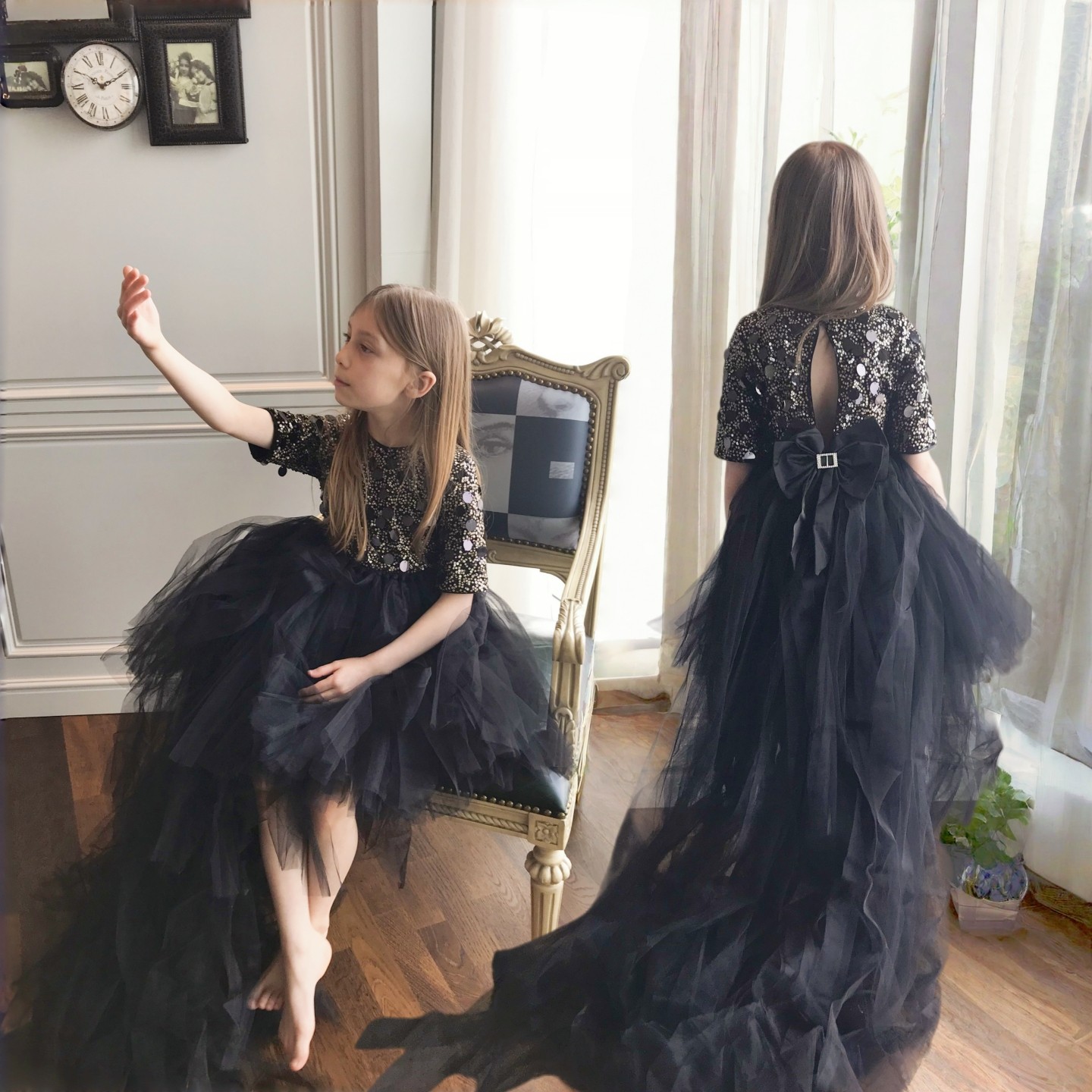 儿童礼服女童黑色亮片燕尾法式