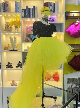 仙童堡亲子礼服定制黑色亮片黄色燕尾晚礼服女童走秀生日礼服裙子