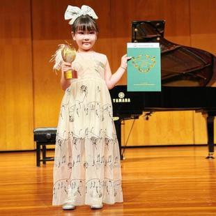 仙童堡礼服定制女童钢琴演出服音符刺绣网纱连衣裙颁奖典礼服装