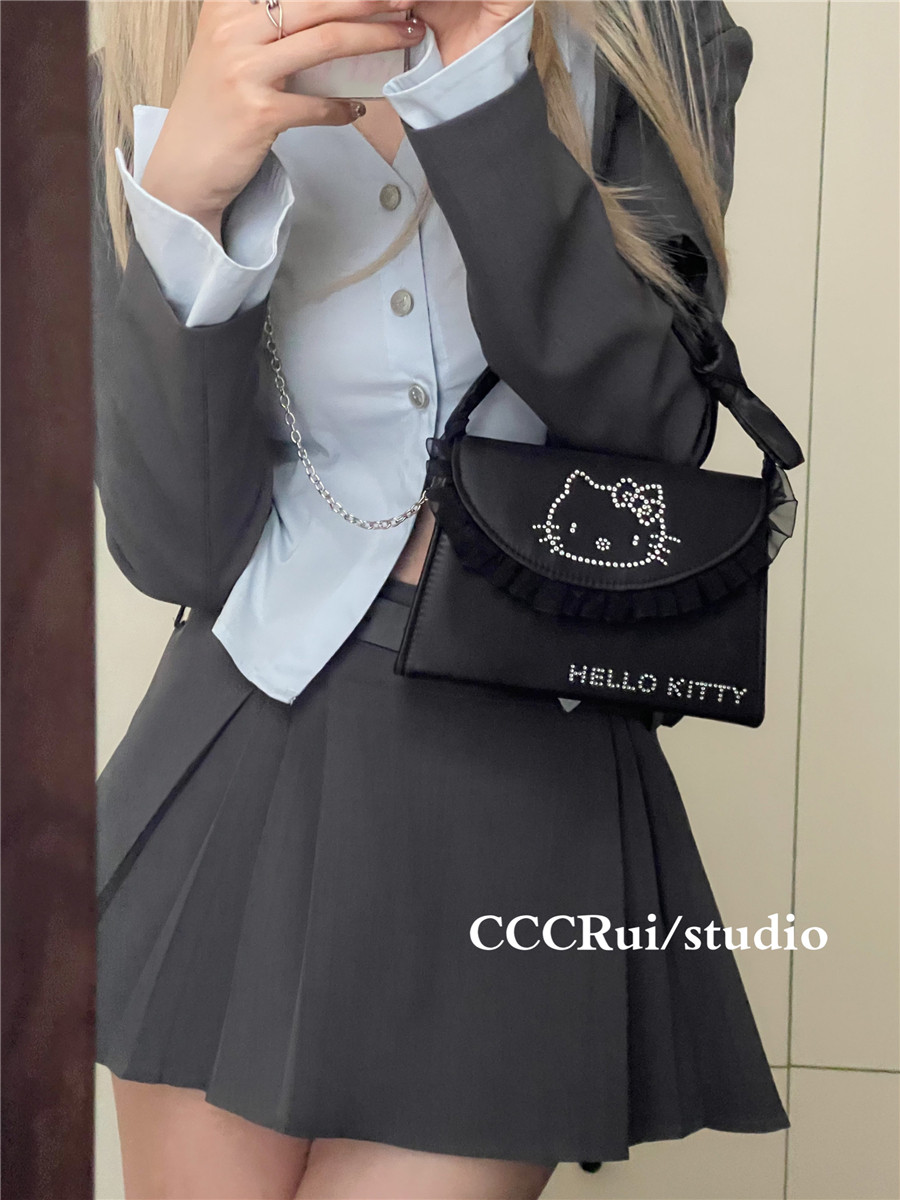 CCCRUI 新款可爱Kitty烫钻斜跨链条包高级感少女手提包缎面单肩包