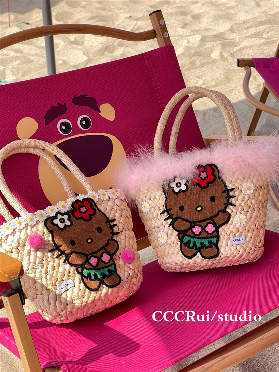 CCCRUI原创！定制手作可爱黑皮Kitty草编包手工菜篮子手提购物袋