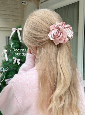 CCCRUI优雅气质小香风丝绒玫瑰花朵抓夹巨美高级鲨鱼夹后脑勺发饰