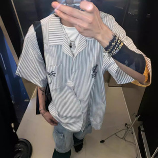 男女款古巴领刺绣条纹短袖衬衫夏季新款翻领休闲bf男友风情侣衬衣
