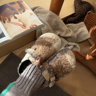 宝小姐毛呢子勃肯鞋 森系百搭 女格子拼色厚底内增高5cm加绒懒人鞋