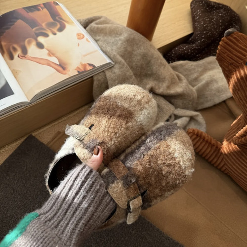 宝小姐毛呢子勃肯鞋女格子拼色厚底内增高5cm加绒懒人鞋森系百搭