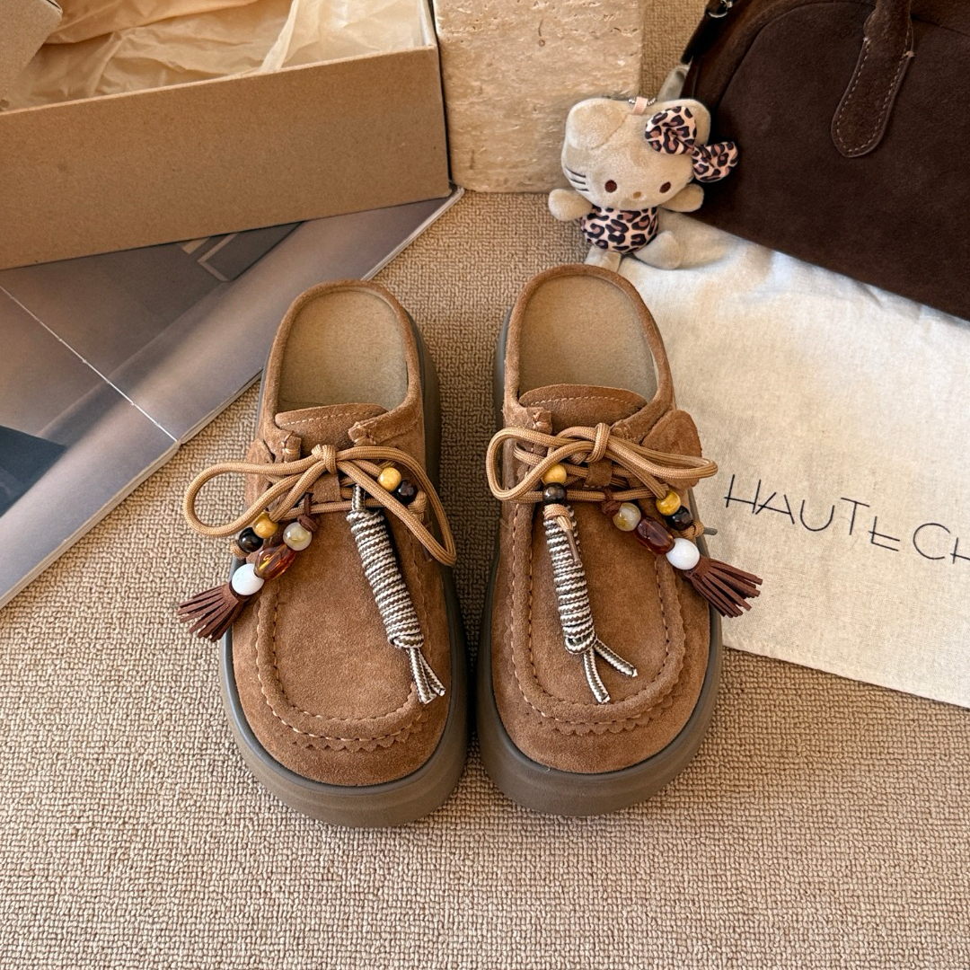 全牛皮版流苏串珠个性百搭磨砂袋鼠勃肯鞋半拖女外穿厚底增高2025