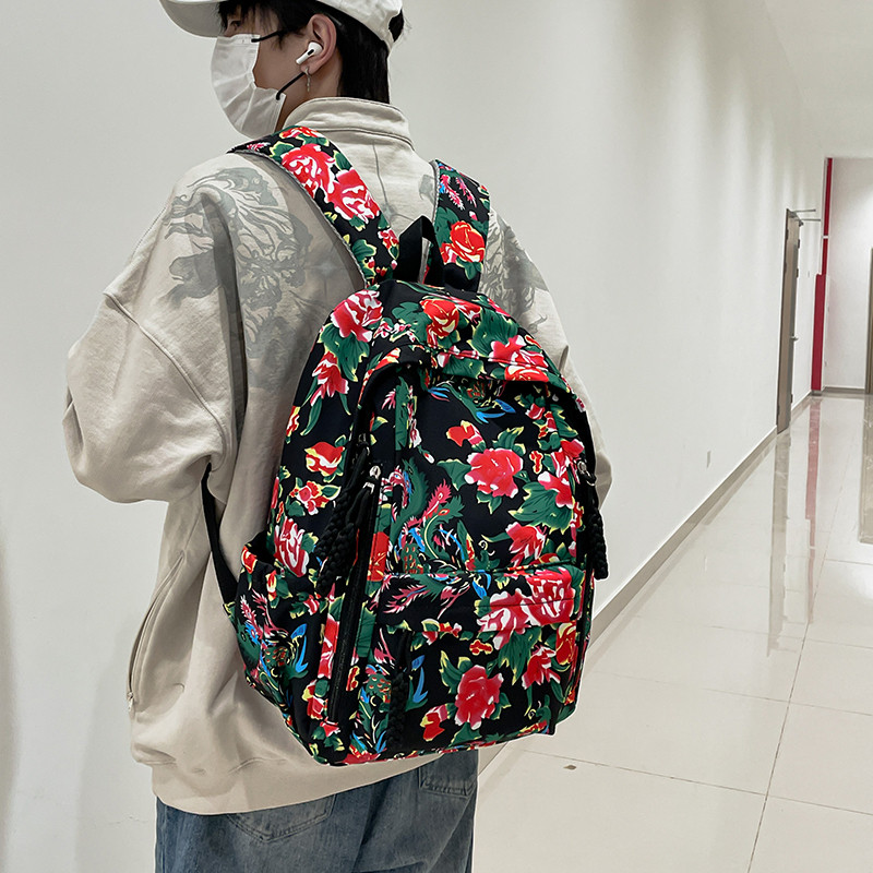 印花双肩包东北大花花开富贵书包男女通用时尚土味背包2024春个性