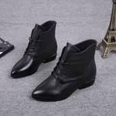 女系带真皮中跟短靴女粗跟马丁靴内增高女鞋 2025新款 秋冬尖头皮鞋