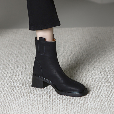 龙猫叔真皮粗跟复古方头短靴女