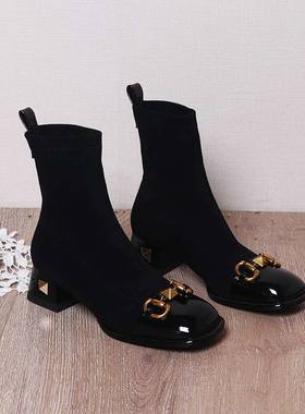 真皮方头拼色漆皮弹力瘦瘦靴女2025秋冬新款中跟粗跟短靴百搭女靴