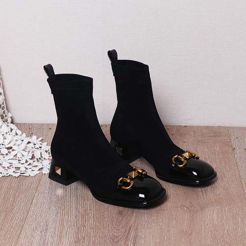 龙猫叔方头拼色漆皮弹力瘦瘦靴女