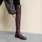 显瘦过膝长靴女2025秋冬季 新款 真皮低跟平底长筒靴加绒高筒骑士靴