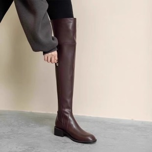 显瘦过膝长靴女2025秋冬季新款真皮低跟平底长筒靴加绒高筒骑士靴