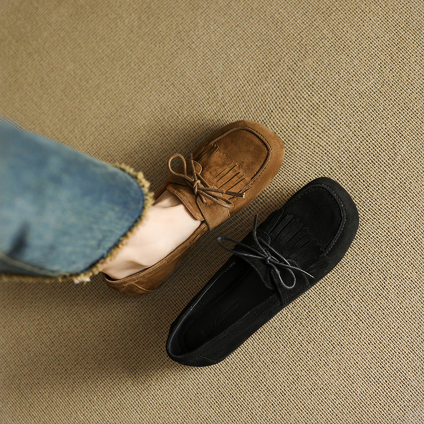 真皮一脚蹬乐福鞋女2025春秋新款流苏蝴蝶结平底豆豆鞋百搭单鞋子,女鞋,乐福鞋（豆豆鞋）,淘宝优惠券,粉丝福利购,淘宝优惠卷