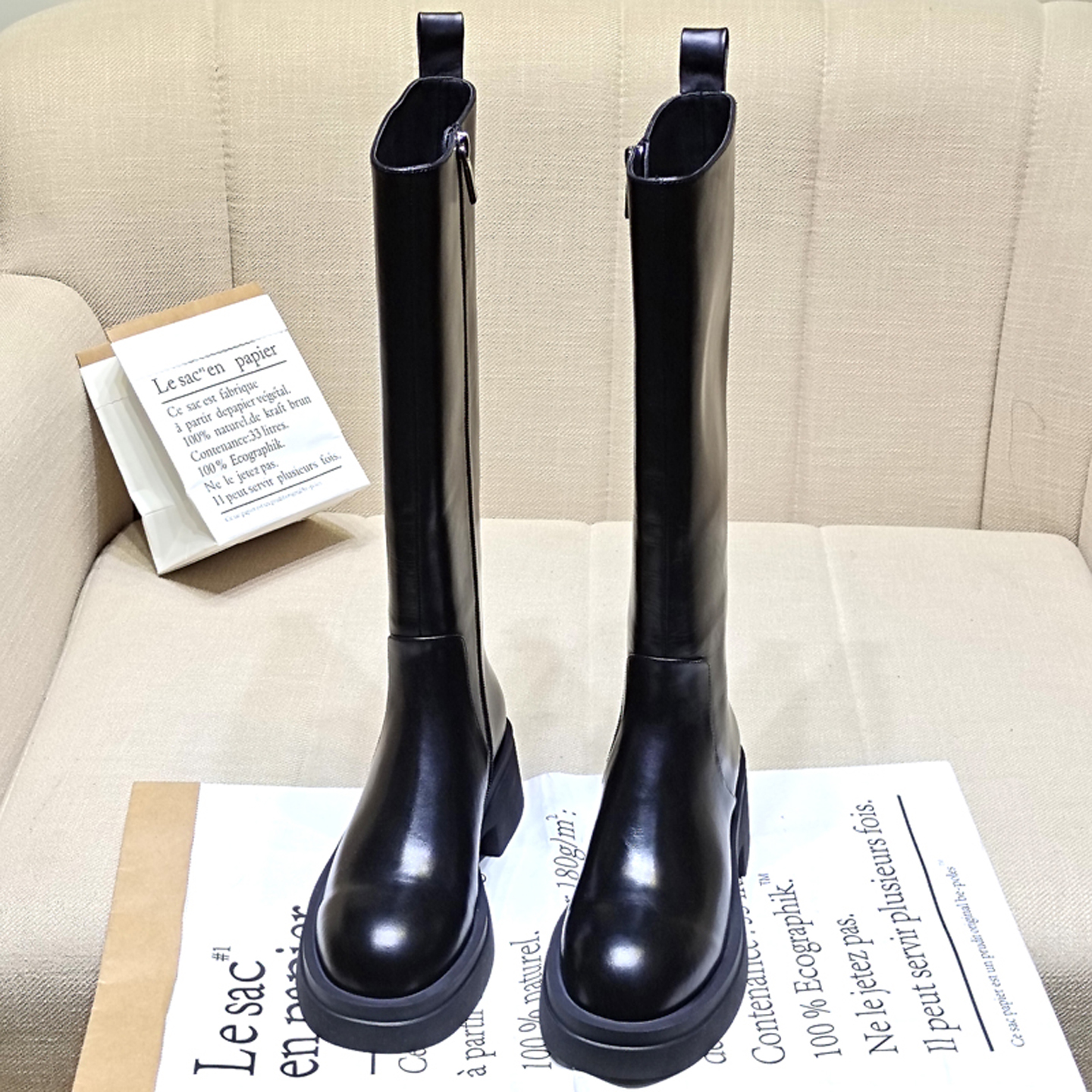 龙猫叔真皮高跟不过膝长靴女英伦