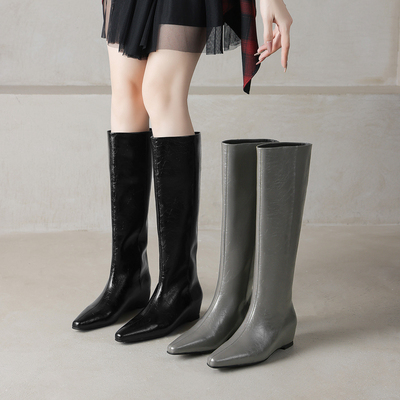 龙猫叔真皮内增高不过膝长筒靴女