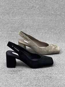 欧洲站女鞋2026春季新款真皮方头松紧带粗跟浅口高跟鞋包头凉鞋女