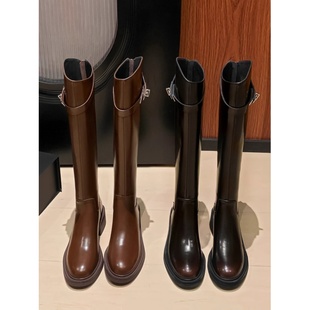 2025秋冬新款真皮圆头斜口锁扣高筒骑士靴女显瘦直筒不过膝长筒靴