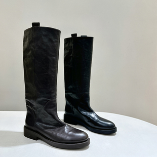 欧洲站女靴2025冬季 真皮圆头平底不过膝长靴高筒靴套筒骑士靴 新款