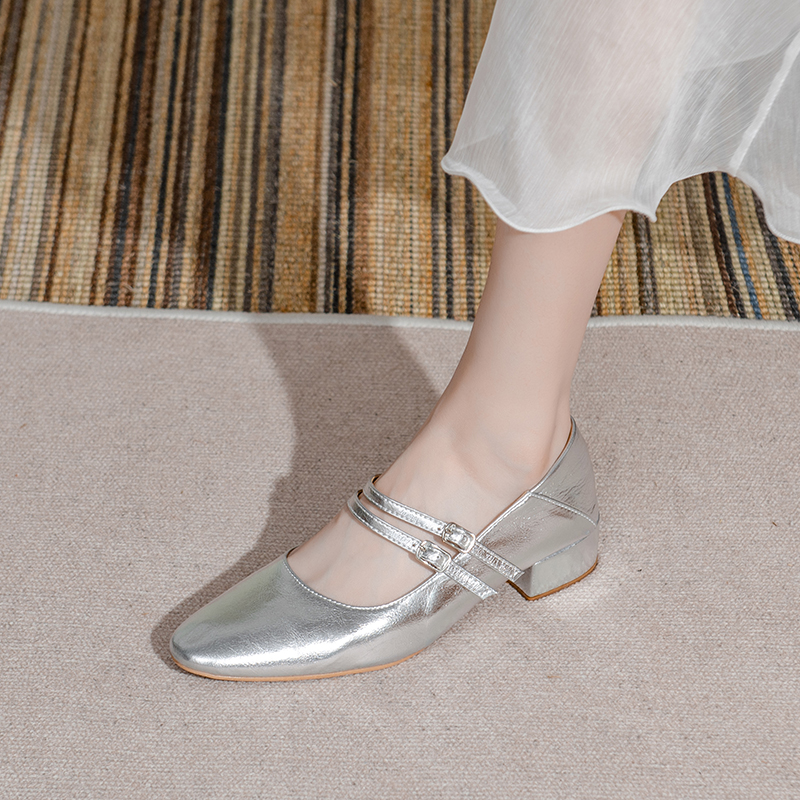 龙猫叔复古银色玛丽珍小皮鞋女