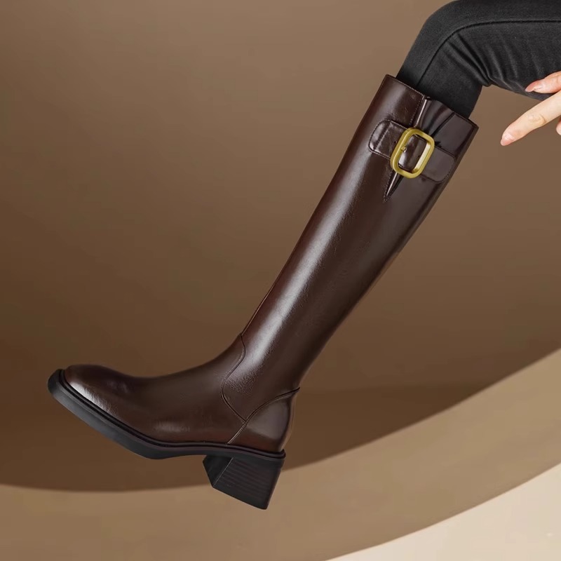 龙猫叔真皮粗跟高筒骑士靴女