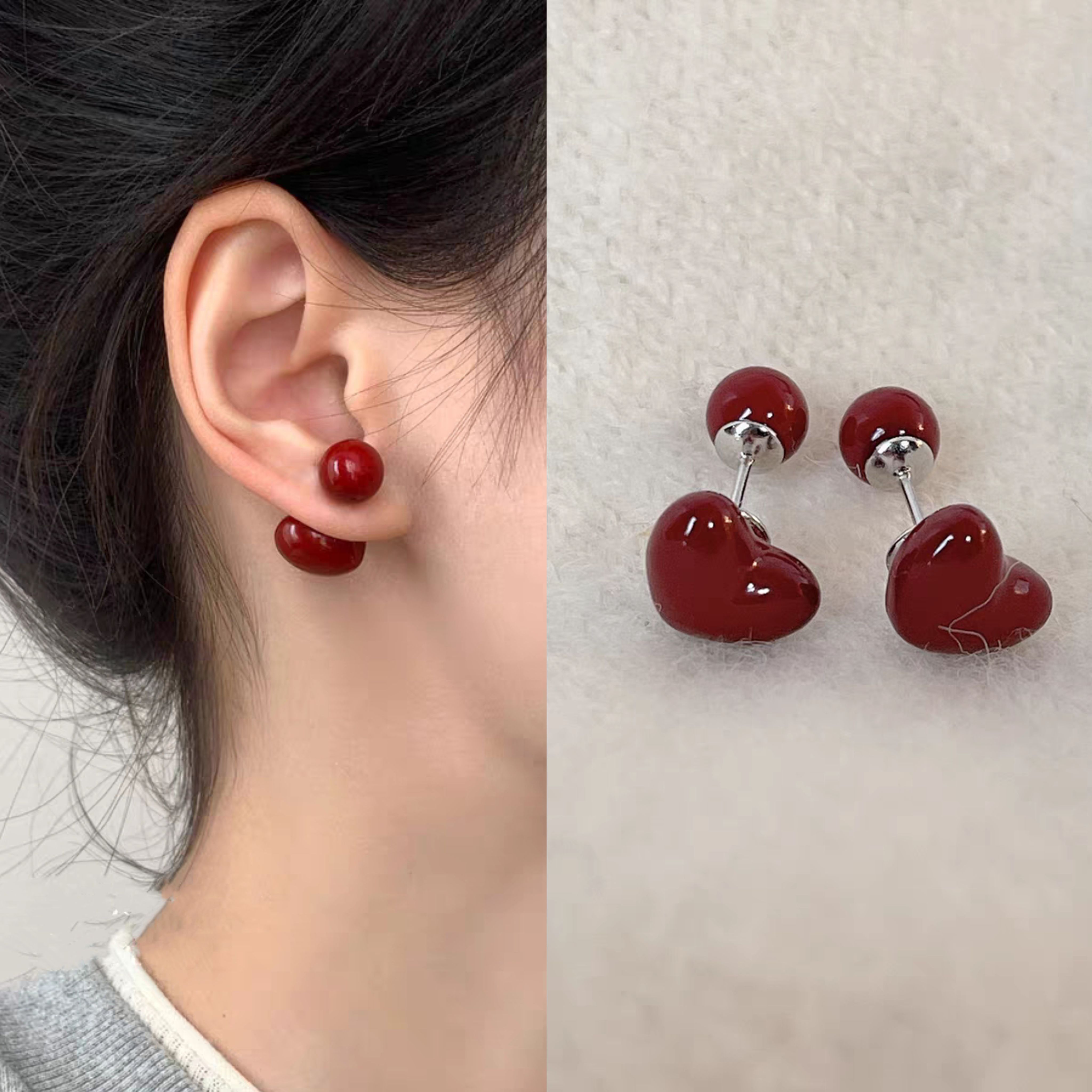 无耳洞「车厘子糖」复古秋冬酒红色耳针爱心圆球双面蚊香盘耳夹