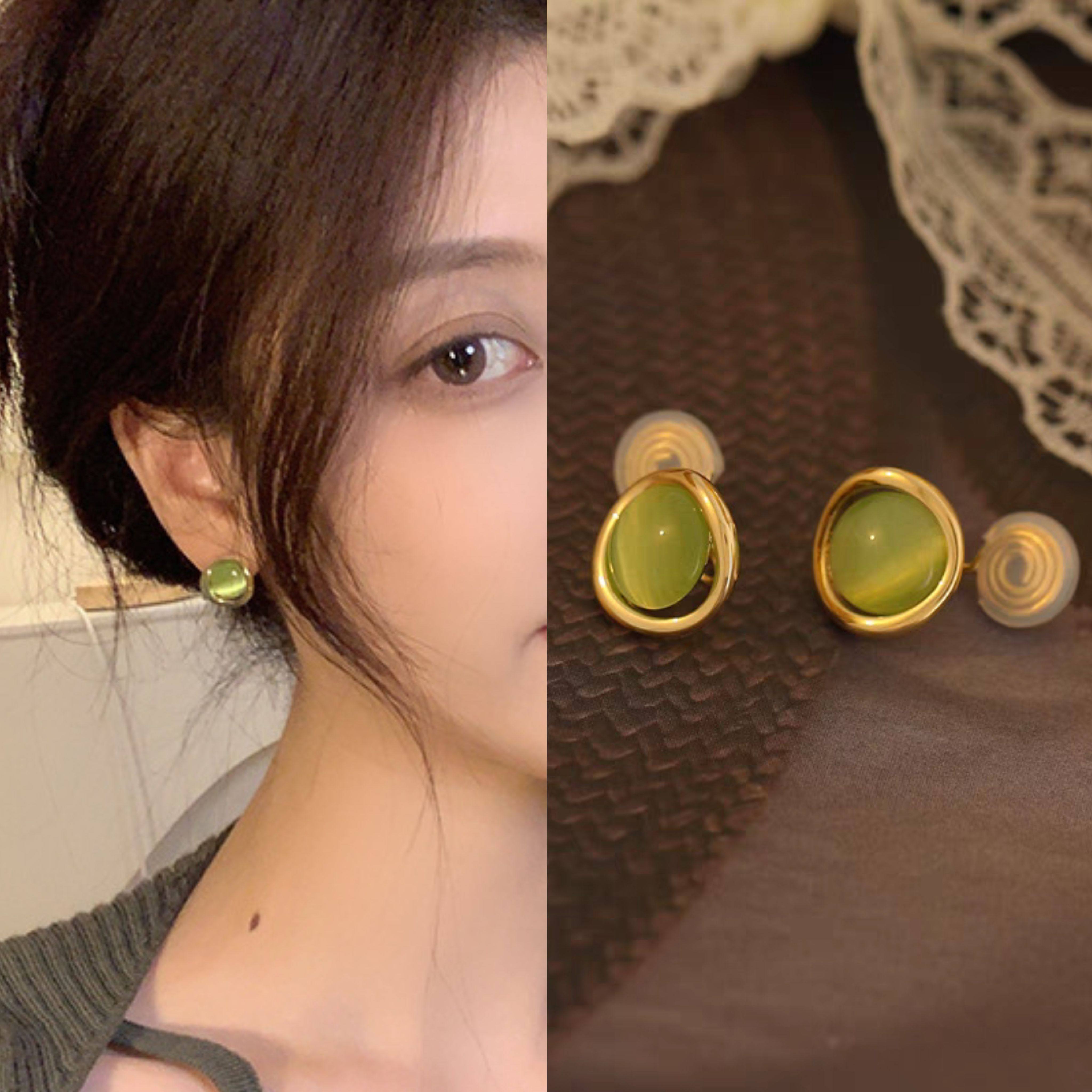 无耳洞「绿影流光」法式森系高级耳针显白清新绿色无痛蚊香盘耳夹