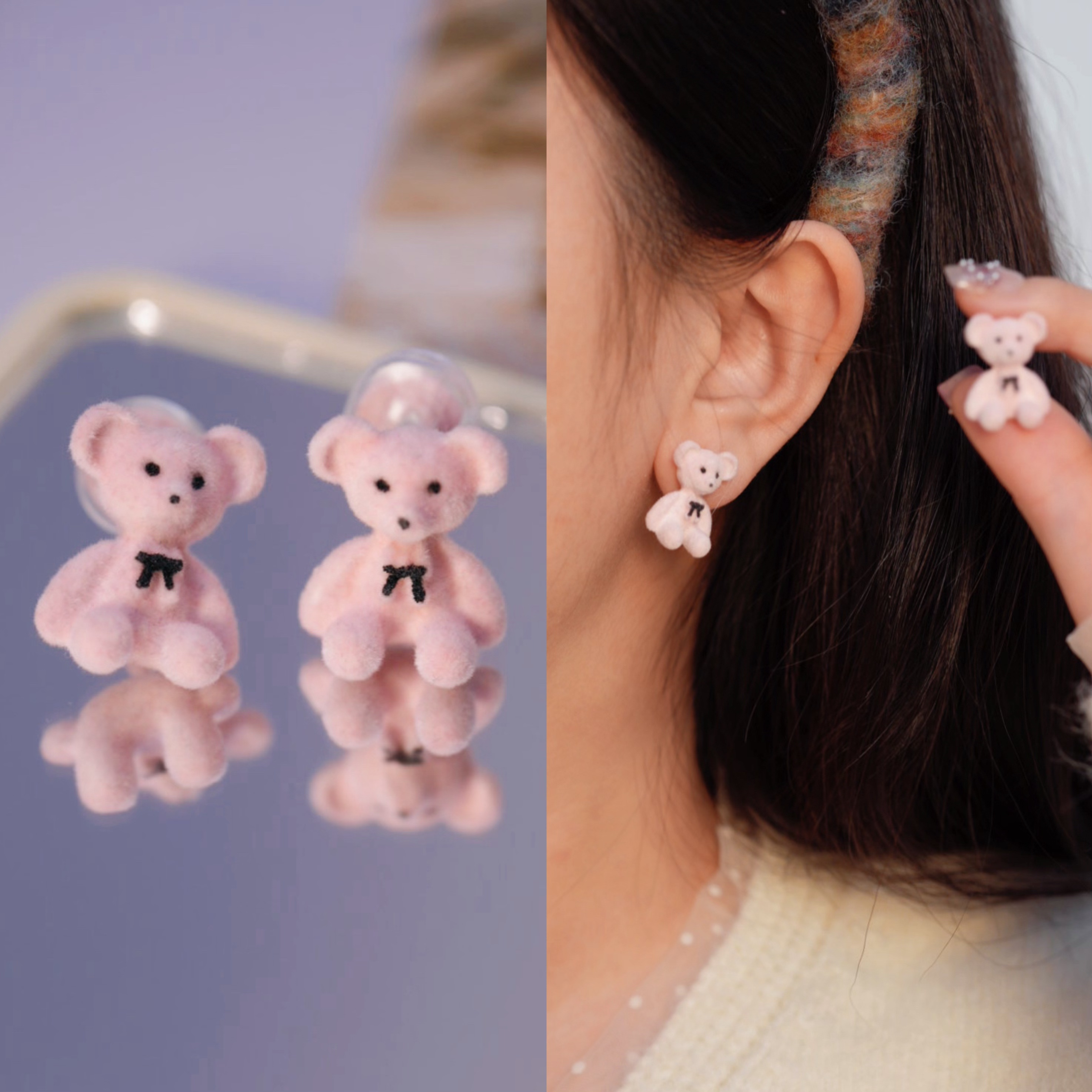 无耳洞「粉色小熊」秋冬毛绒小熊耳钉女植绒立体卡通蚊香盘耳夹
