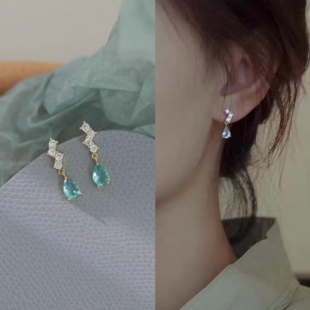 无耳洞「月光涟漪」超闪精致蓝水滴形耳针小巧百搭无痛蚊香盘耳夹