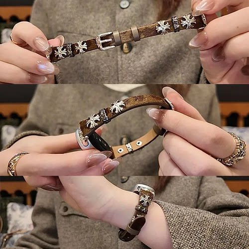 复古马毛豹纹十字架皮质表带适用小米手环10/9/8nfc女9pro红米456