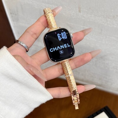 拉丝金属弯片镶钻表带适用苹果appleiwatchs10s9s8s7高级小香风女