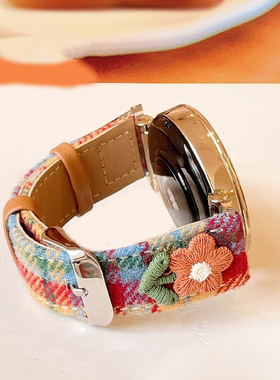 适用华为手表gt6/gt5彩虹格纹毛呢gt5pro真皮表带高级watch54女冬