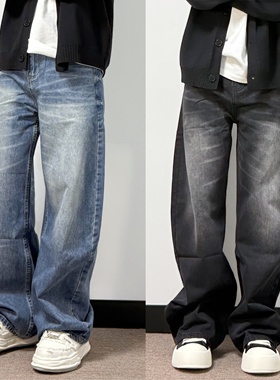 26春款美式复古设计感弯刀牛仔裤男宽垂感高街oversize西裤女