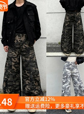 美式迷彩弯刀阔腿工装裤 立体大口袋高街做旧宽松休闲裤男女可穿