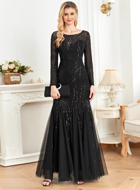 Elegant Long Sleeves Sequin Tulle Evening Dress wedding 婚礼