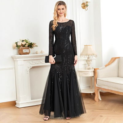 Elegant Long Sleeves Sequin Tulle Evening Dress wedding 婚礼