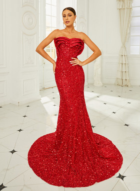 红色长款礼服裙跨境欧美气质裹胸性感亮片宴会高端晚礼服伴娘服裙