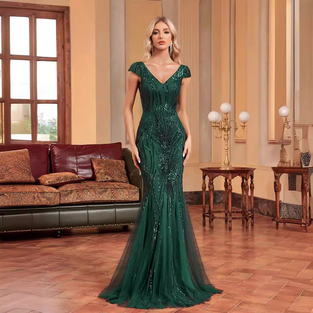 欧美新款修身鱼尾珠片连衣裙长伴娘宴会晚礼服女Party Dress blue