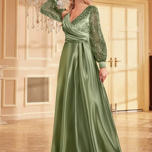 大码礼服欧美新款绸缎V领长袖连衣裙修身长裙鱼尾珠片宴会晚礼服