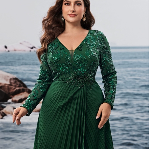 欧美风舞会礼服优雅长袖亮片婚礼大码晚礼服 party dresses green