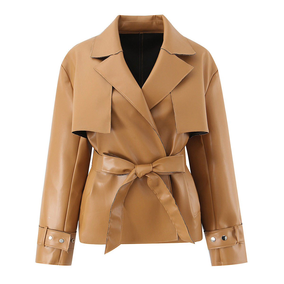 跨境女装欧美仿PU皮风衣皮衣外套女 women jacket lady coat new