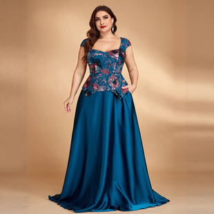 跨境欧洲站礼服长裙胖妹妹240斤优雅酒会晚宴礼服裙伴娘连衣裙女