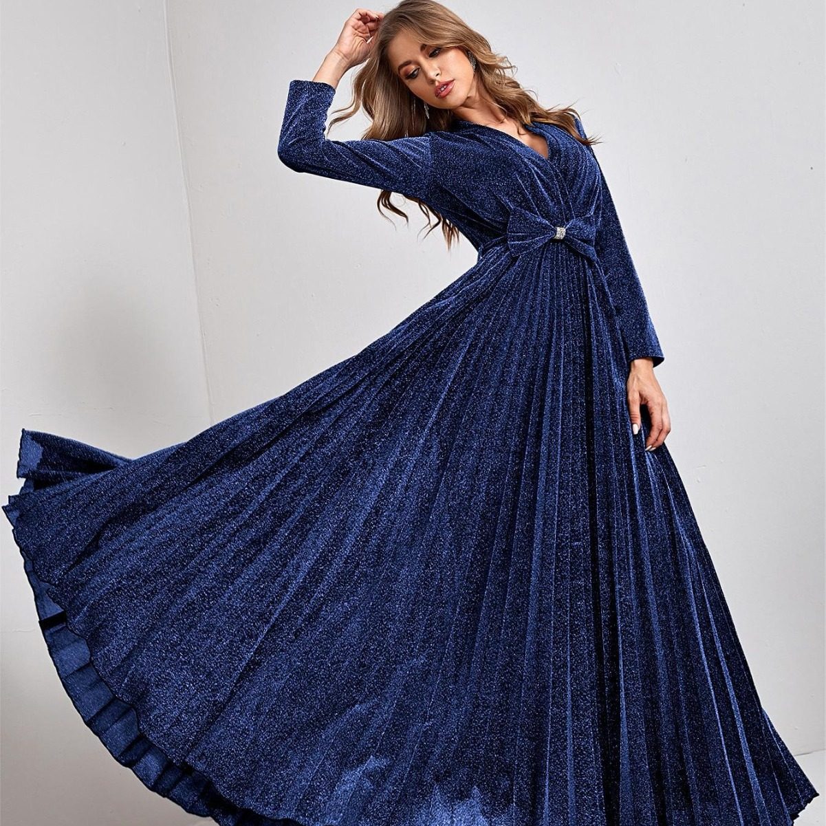 晚礼服新款V领长袖大摆优雅舞会裙派对裙伴娘服 party dress new