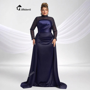 欧美大码肥婆装亮片拼接V领长袖气质华丽高贵晚宴礼服裙子高个子