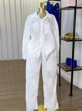 outfits sets women 欧美女装新款透视套装长袖衬衫高腰直筒裤女